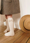 Collegien Jeanne - Ribbed Knee-high Socks with Gingham bow - Blanc Neige kids socks and tights Collegien   